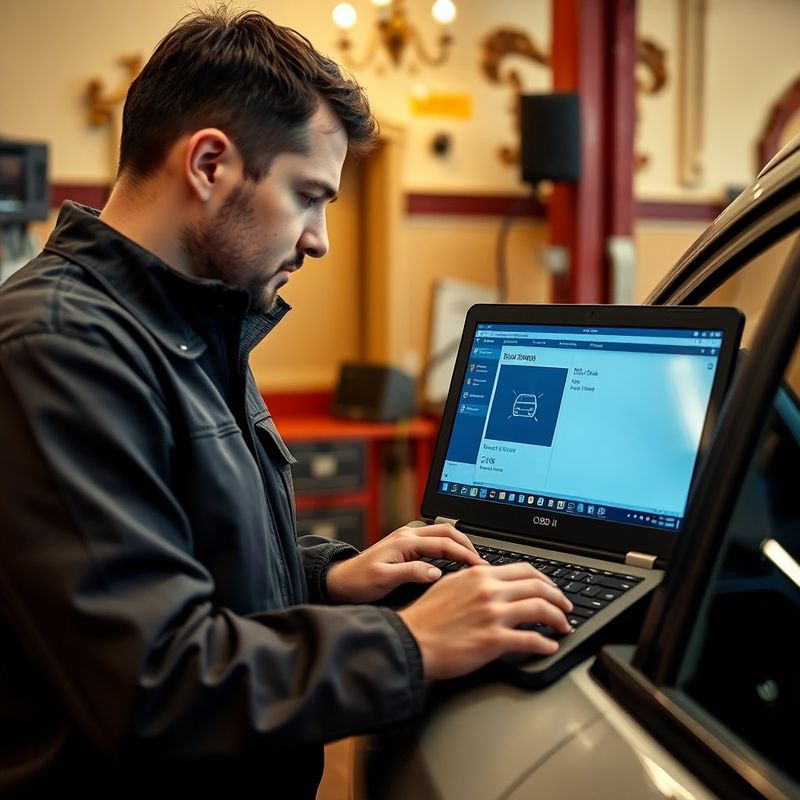 Technik připojuje diagnostický počítač OBD-II k vozidlu
